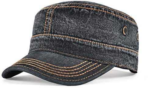 VOBOOM Tvättad bomull militär keps kadett armékepsar unik design vintage platt topp keps, Denimsvart, one size