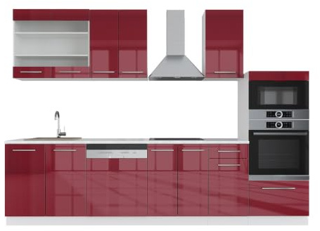 Vicco Küchenzeile Fame-Line, Bordeaux Hochglanz/Weiß, 300 cm