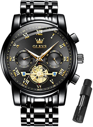 Black Men's Watch Fashion Chronograph Stainless Steel Analog Quartz Watches Men Big Multi-Function Men Watches Roman Numerals Tourbillon Easy Read Waterproof Wristwatch for Man Classic Man Wrist Watch