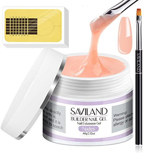Saviland Builder Nail Gel Kit – 2.1oz Nudes Nail Extension Gel for Nail Repair & Strengthen U V Hard Gel for Nails with Gel Nail Brush 100PCS Nail Forms Manicure Tools Kit Nail Supplies for Nail Salon