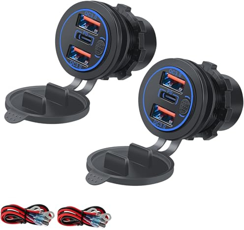 Intckwan 12V USB-Uttag 66W PD och QC3.0 Vattentät Strömbrytare Blå Indikatorlampa för DC 12-24V Bil Båt Lastbil Husvagn (2 stycken)