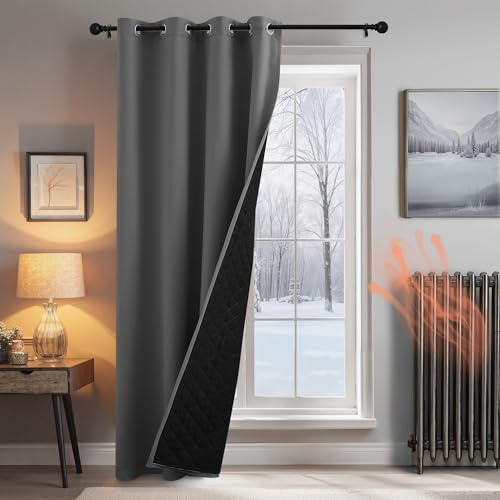 PONY DANCE Thermal Insulated Blackout Door Curtain, 2-Layers Extra Long Cold Insulated 100% Blackout Panel, Windproof Thick Thermal Curtain for French Door/Bedroom, 55x90 inches, Grey