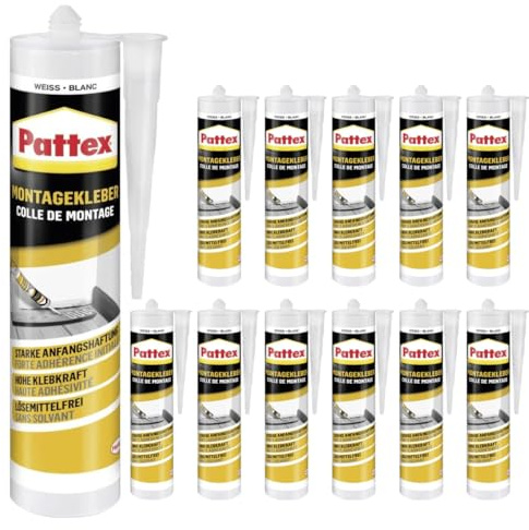 Montagekleber Weiß – Alleskleber für Metall Holz Stein PVC Kunststoff, starke Anfangshaftung, elastisch & spaltfüllend, innen & außen, wetterfest, lösemittelfrei, Temperaturbeständig (12 x 400g)