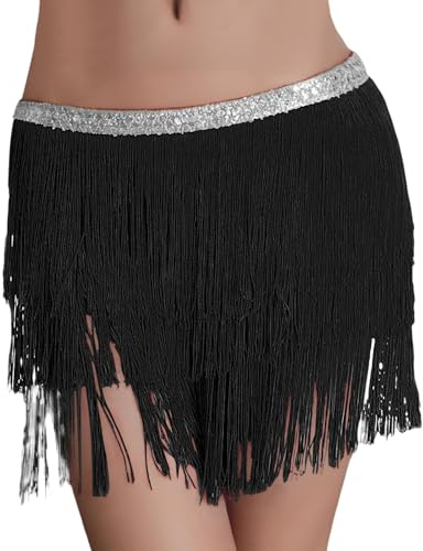 Latein Rock Damen mit Fransen, Tanzrock Damen Kurz Fransenrock Mit Schnür Sexy Quasten Minirock Hüftschal Tanz Tango Chacha Salsa Röcke Rave Festival Outfit Clubwear Halloween & Karneval