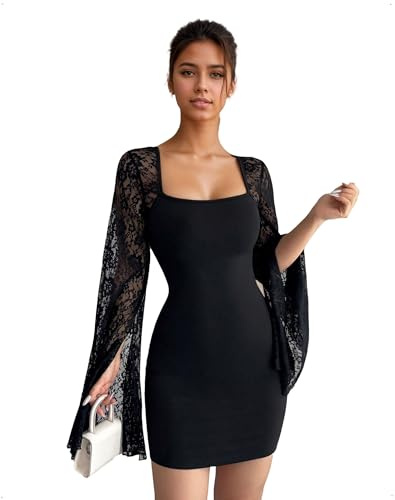 EMOTTOS Mini-Robe à Encolure Carrée en Maille pour Femme, Robe élégante à Manches Cloche et Fente, Robe Moulante en Dentelle Ajustée pour Les Sorties en Boîte de Nuit, Noir, L