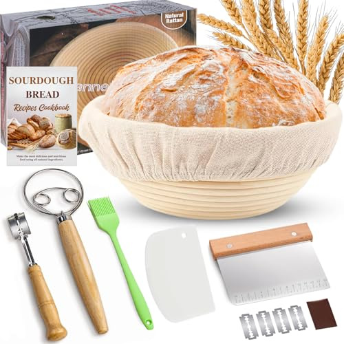 HELISAN Sauerteig Starter Set, 23cm Runde Gärkörbchen, Brotbackzubehör kit, Komplettes Brot Backen Zubehör für Einsteiger & Erfahrener Bäcker