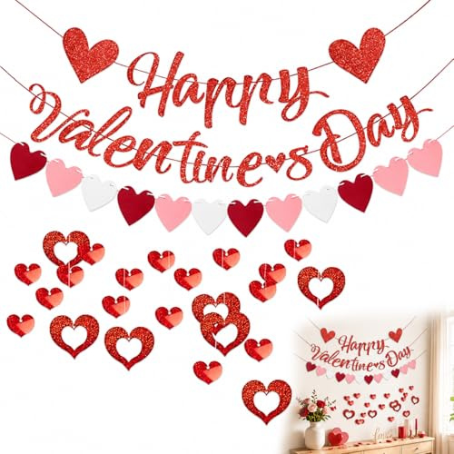 CQXSYTBN Decorazioni Carnevale da Appendere – 50 Cuori Rossi, 50 Mini Cuori, 100 Fili di Pioggia, 1 Striscione di San Valentino, 1 Bandiera a Tre Colori – Addobbi per Festa, Matrimonio e Eventi