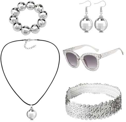 Yphzmtz 6 stycken 70-talet disco tillbehör för kvinnor, glitter glasögon örhängen discokula kedja armband diadem, 1970-talet disco outfit fotografering rekvisita festtillbehör