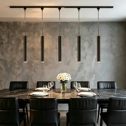5-LED-Schienenpendelleuchten-Set in Schwarz, 120 V, 3-Farbtemperatur-Wechsel, 3 Pendelleuchten mit 3 m H-Schienen und 3 geraden Verbindungsstücken, moderne Deckenleuchte für Kücheninsel, Esszimmer
