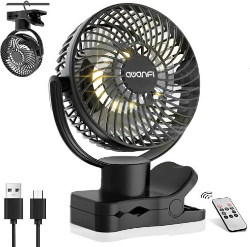 AWANFI 10000mAh Ventilador USB, Portátil Clip-on Fan, Recargable Ventilador con Mando a Distancia, Luz LED, Oscilación, Mini Ventilador de Mesa para Camping, Oficina, Habitacion, Cochecito