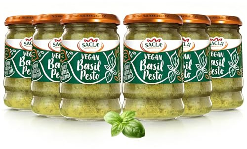 Sacla Italian Vegan Basil Pesto - Perfect with Pasta, Pizza, Garlic Bread and Tagliatelli - Made with Fresh Basil Leaves, Pine Nuts and Olive Oil - 190g (Pack of 6)
