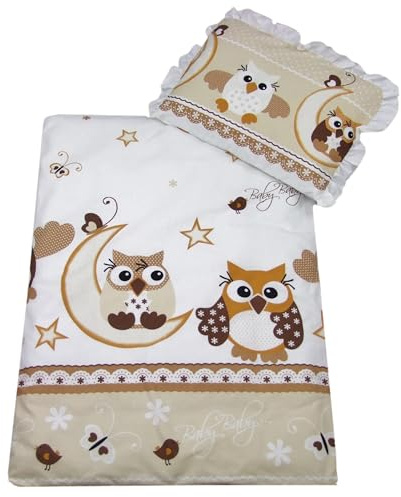 Rawstyle 4 TLG. Set Bezug für Kinderwagen *EULEN-Motiv* Garnitur Bettwäsche Decke + Kissen + Füllung (Eulen Beige/Braun)