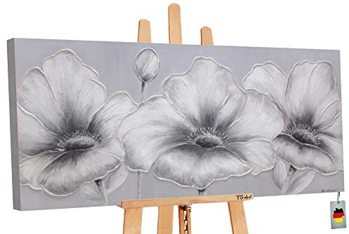 YS-Art XXL Abstrakt Acryl Gemälde auf Leinwand handgemalt Blumen Wandbilder Wohnzimmer moderne minimalistisch grau Wohndekor Bilder Büro echte Kunst 100x50 cm