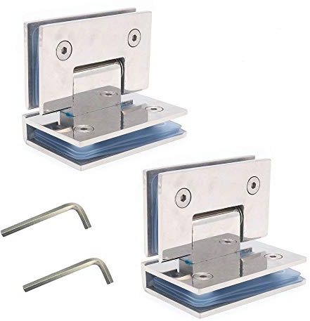 Set bestehend aus 2 rahmenlosen NUZAMAS-Glastürscharnieren, Halterungen an Paneelen, Duschtürscharnier, Glasscheibe montiert. Geeignete 8-12mm Glasscheibe, 80-100cm Tür, 90 Grad Schließen und Öffnen