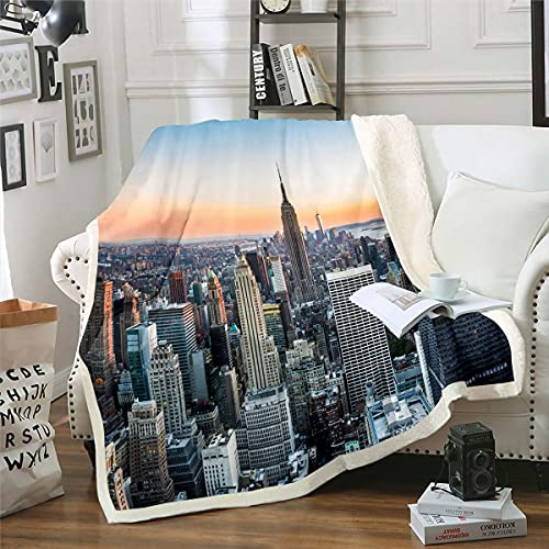 Loussiesd Manta Sherpa de Nueva York, diseño de paisaje urbano de Manhattan, cobija de forro polar contemporánea, artística, puesta de sol, paisaje, manta mullida para sofá cama, doble, 60 x 79
