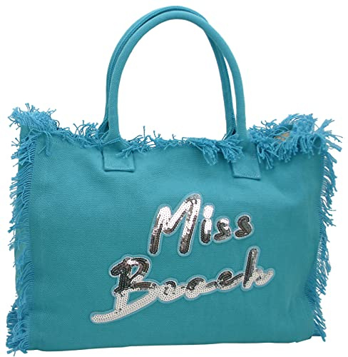 Miss Beach Badetasche Damen XL mit Reißverschluss – Strandtasche | Groß, aus Canvas, modischer Shopper für Strand, Urlaub & Alltag, robuste Schultertasche mit Innenfach