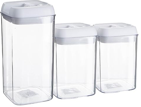 Argon Table Food Storage Containers with Airtight Flip Lock Lids - 3-Piece - White - Plastic Storage Tubs Pantry Food Organiser for Cereal, Oats, Sugar, Coffee, Biscuits, Tea