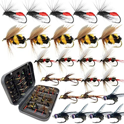 OutdoorFishing Fliegenfischen-Set, Fliegen-Sortiment, Forellen-Barschangeln mit Fliegenbox, 33/48/72/100/114/148 Stück mit Trocken-/Nassfliegen, Nymphen, Luftschlangen, Popper (33 Stück/Box)
