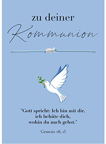Selfmade Jewelry Armband Damen Kommunion Fisch Handgemachtes Makramee-Armbändchen mit Fischchen Größenverstellbar auf Geschenk-Karte mit Friedenstaube (Silber - Hellblau)