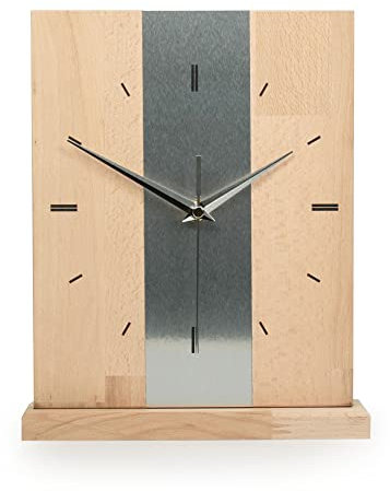 Kreative Feder Designer-STANDUHR Silver Stripe aus MASSIVHOLZ 27x20cm – analoge TISCHUHR ohne Tickgeräusche (Funkuhrwerk, Buche)
