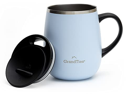 GRANDTIES Insulated Coffee Mug with Handle - Sliding Lid for Splash-Proof 16 oz Wine Glass Shape Thermal Tumbler with Double Walled Vacuum Stainless Steel Keeps Beverages Hot or Cold - Glacier Lake