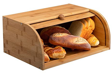 Panera de madera de bambú, cesta para el pan grande con tapa deslizante, para la cocina, para guardar el pan vintage, 40 x 28 x 17 cm