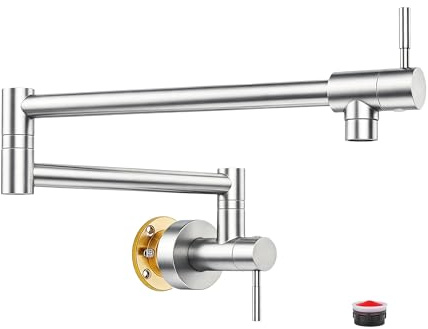 Fransiton Brushed Nickel Pot Filler, Pot Filler Faucet Wall Mount, Brass Folding Stretchable with Double Joint Swing Arm Single Hole Two Handles Kitchen Restaurant