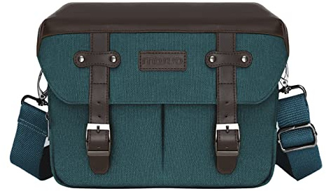 MOSISO Camera Bag Canvas Crossbody Messenger Case&Rain Cover, Teal Green | Vintage PU Leather DSLR/SLR Photography Flap Sling Shoulder Messenger Bag Compatible with Canon/Nikon/Sony Camera and Lens