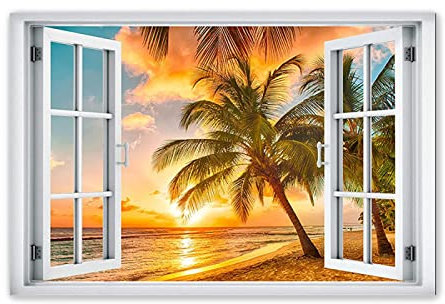 Tableau de Paysage-Impression sur toile Fausse Fenêtre-Decoration Murale Salon 3D fenêtre Vue Tableau XXL-Image Paysage Coucher de Soleil Ciel Tropical Palmier Plage 30x45cm(12x18in)Sans cadre