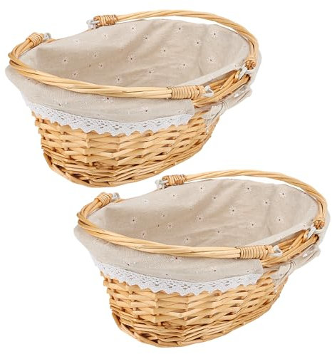 JOIKIT 2Pcs Oval Traditional Wicker Shopping Storage Basket with Folding Handles and Fabric Lining, Wicker Picnic Willow Basket for Wedding, Party