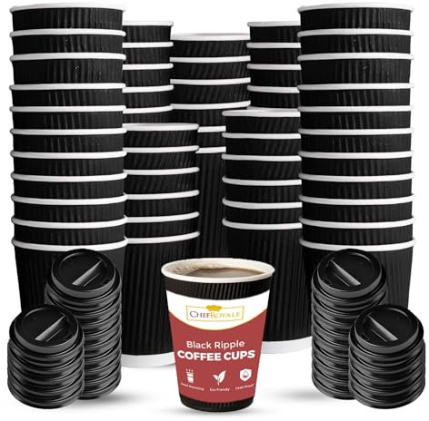 CHEF ROYALE 200x 8oz Black Ripple Disposable Coffee Cups with Lids - Insulated Triple Walled Takeaway Coffee Cups- Disposable Cups for Hot and Cold Drinks for Christmas, Birthdays Parties (200, 8oz)