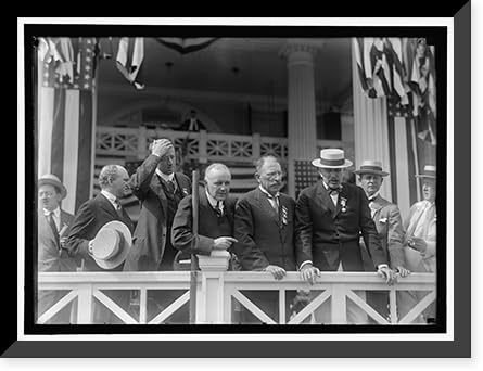 Historic Framed Print, SHADOW LAWN, NJ. SUMMER WHITE HOUSE. NOTIFICATION CEREMONIES. GROUP OF PORTICO: UNIDENT.; TUMULTY; HOMER S. CUMMINGS; VANCE McCORMICK OF PA; HENRY MORGANTHAU; GOV. FIELDER OF NJ.; SEN. MARCUS COOLIDGE OF MA.; UNIDENT., 17-7/8 x 21-7/8