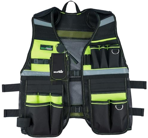MELOTOUGH Tool Vest Reflective Safety Tool Vest with Removable Phone Holder,Retractable Pen Holder for Electrician,Carpenters,Construction(Lime)