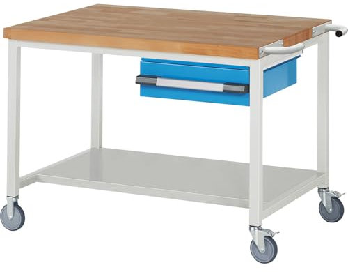 eurokraft | Fahrbare Werkbank Serie 8000 | Gestellbauweise | 1 Hängeschublade | Ablageboden | BxT 1250 x 900 mm