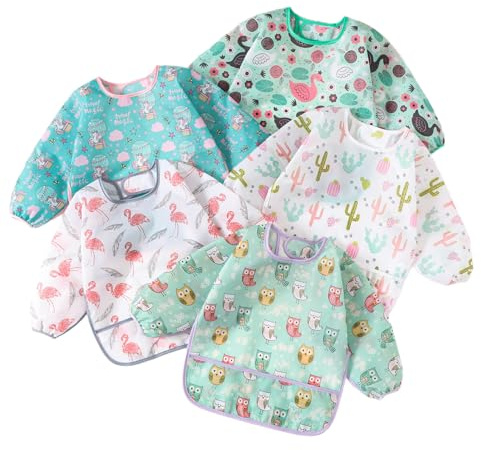 QinGuang 5pcs Long Sleeve Baby Bibs Painting Apron Slightly Waterproof Feeding Bibs for 6-30 Months