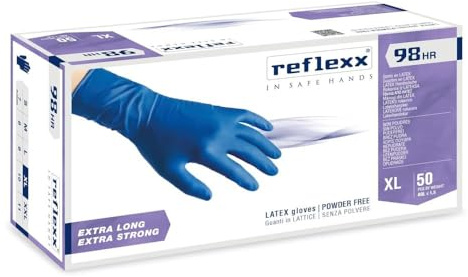 REFLEXX R98 200 500 Guanti in lattice BLU - ALTA RESISTENZA 18,5 GRAMMI - VARIE TAGLIE OFFERTA - POLSO LUNGO HIGH RISK OTTIMO PER IMPRESE DI PULIZIE (200 PEZZI, XL)