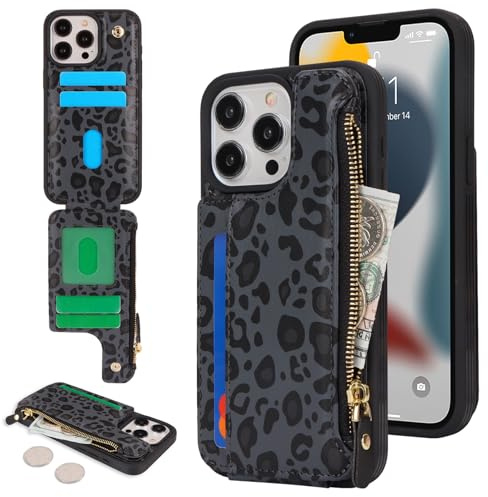 SailorTech för iPhone 12 Pro Max telefonfodral med kreditkortshållare för män, iPhone 12 Pro Max fodral med kreditkortsfack, plånbok med dragkedja för kvinnor – svart leopard