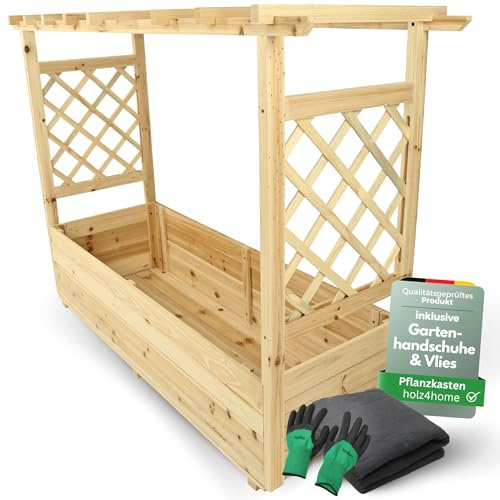 holz4home® Pflanzkasten mit Rankgitter & Dachregal I Aus Tannenholz inkl. Vlieseinlage & Gartenhandschuhe I Blumenkasten mit Spalier für Garten Terrasse I Hochbeet mit Rosenbogen Balkonkasten (XL)