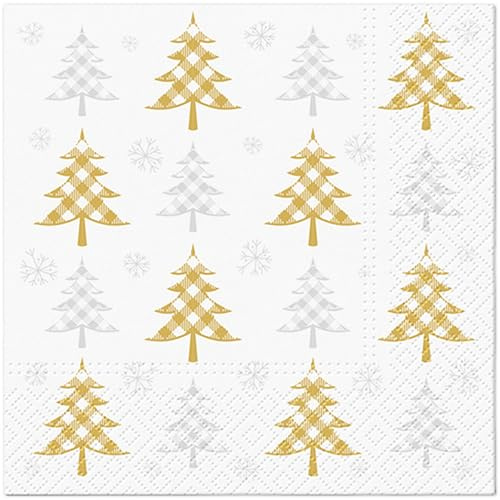 20 Servietten Weihnachten Karierte Bäume gold-silber als Tischdeko. Papierservietten mit Motiv. Auch für Decoupage und Serviettentechnik 33x33cm