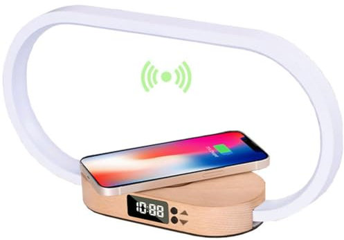 LOGT 10W Nachttischlampe mit Schnellem Ladefunktion LED Smart Wecker Tischlampe Touch Dimmbar Nachtlicht Lichtwecker Wake Up Holz Uhranzeige Tischlicht USB-Aufladung Licht für Schlafzimmer Wohnzimmer