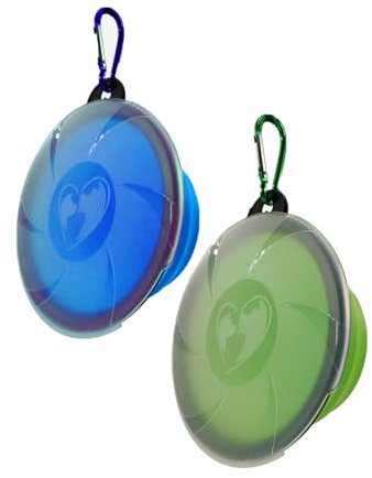 KGDUYC 2 Stück Hundenapf Faltbar, Tragbare Silikon Fressnapf, Haustier Reisenapf mit Deckel und Haken, Hundeschüssel für Reise Spaziergänge Zwinger Camping - 450ml, blau/grün