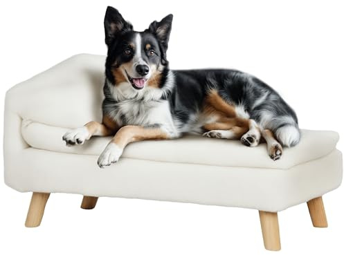 PawHut Divano per cani, letto per cani gatti, con morbido cuscino, cuscino, sfoderabile e lavabile, peluche, 70L x 42,5D x 38,5H cm, crema