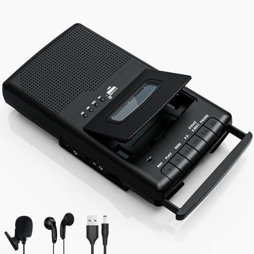 Portable Cassette Player Tape Recorder,Retro Shoebox Tape Recorder Style with Stand-Alone Microphone & Built-in Speaker,Cassette Tape Player with Headphone Jack,Retractable Handle (Black)