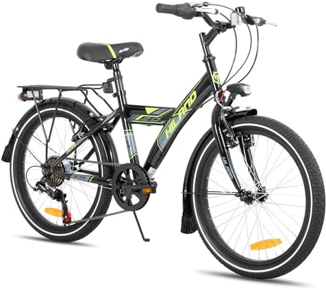 HILAND 20 Zoll Kinderfahrrad Mountainbike, MTB für Kinder Jungen Mädchen mit 6 Gang Schaltung, Ständer, Schwarz Fahrrad