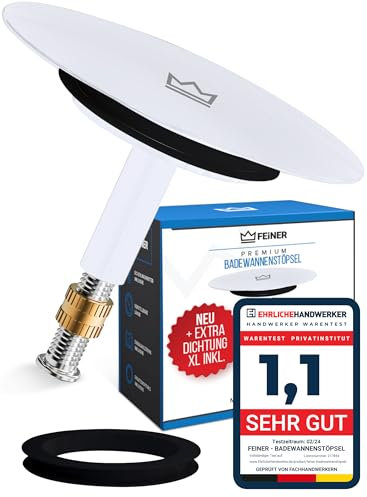 FEINER® Tappo per vasca da bagno universale, diametro 72 mm, antiruggine, regolabile, per vasca da bagno, per ogni vasca da bagno, colore bianco lucido