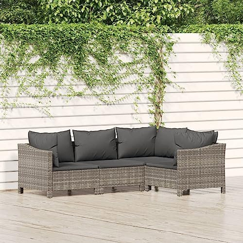 KTHLBRH 4-TLG. Garten-Lounge-Set mit Kissen Grau Poly Rattan Outdoor-Möbel-Sets Gartenmöbel-Sets Balkonmöbel-Sets Terrassenmöbel-Sets für Terrasse, Garten, Balkon