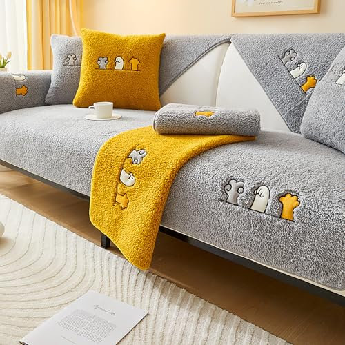 LUOZIQINX Sofa überzug 1 2 3 4 Sitzer, Plüsch Sofabezug, rutschfest Sofaschoner Universelle, Waschbar Couch üBerzug für Ledersofa Bank L Form Ecksofa,Grau,70 * 70cm