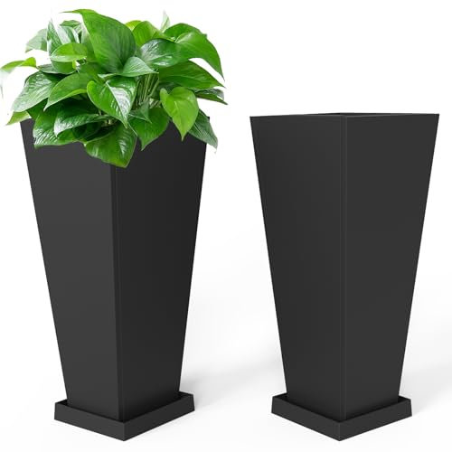 Toriexon Tall Metal Planter 26 H - 2 Pack, Tall Planters with Removable Insert Shelve & Saucer Trays, Metal Outdoor Planters for Porch, Garden, Patio, Yard(Black)