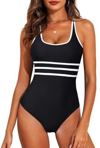 JFAN Bañadores Mujer Reductores Barriga Traje de Baño Mujer de Una Pieza Cintura Alta Cuello en U Bañadores Ropa de Baño Push Up de Playa de Chaleco,Negro,M