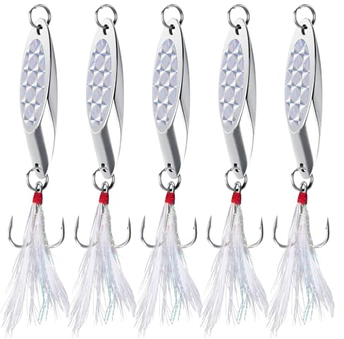 Alwonder Leurres de pêche en mer - Cuillères en métal - Hameçon triple en plumes - Avec feuille de flash - Pour bar, morue, maquereau, bateau, kayak, pêche - 21 g